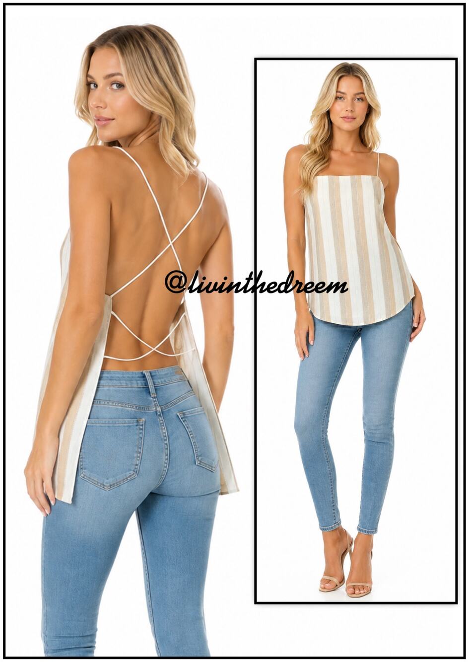 Sabo Skirt Open Criss Cross Back Nude Stripe Tank Top SZ L